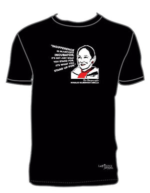 Open image in slideshow, Lady Justice Apparel™  Justice Abella Indifference is Injustice&#39;s Incubator T-Shirt Design copyrighted
